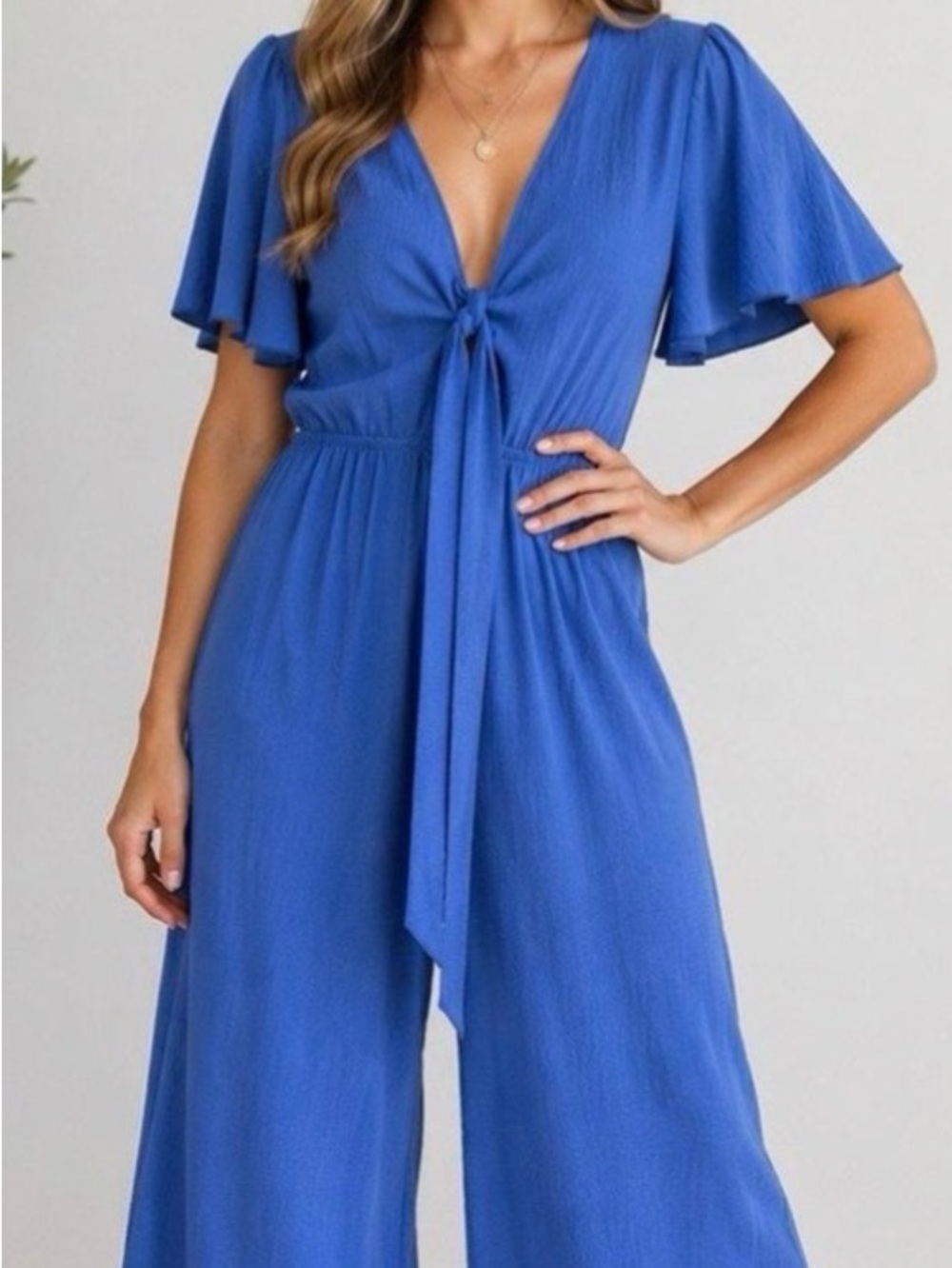 See You Monday Blue Tie-Front Flutter-Sleeve Wide-Leg Jumpsuit